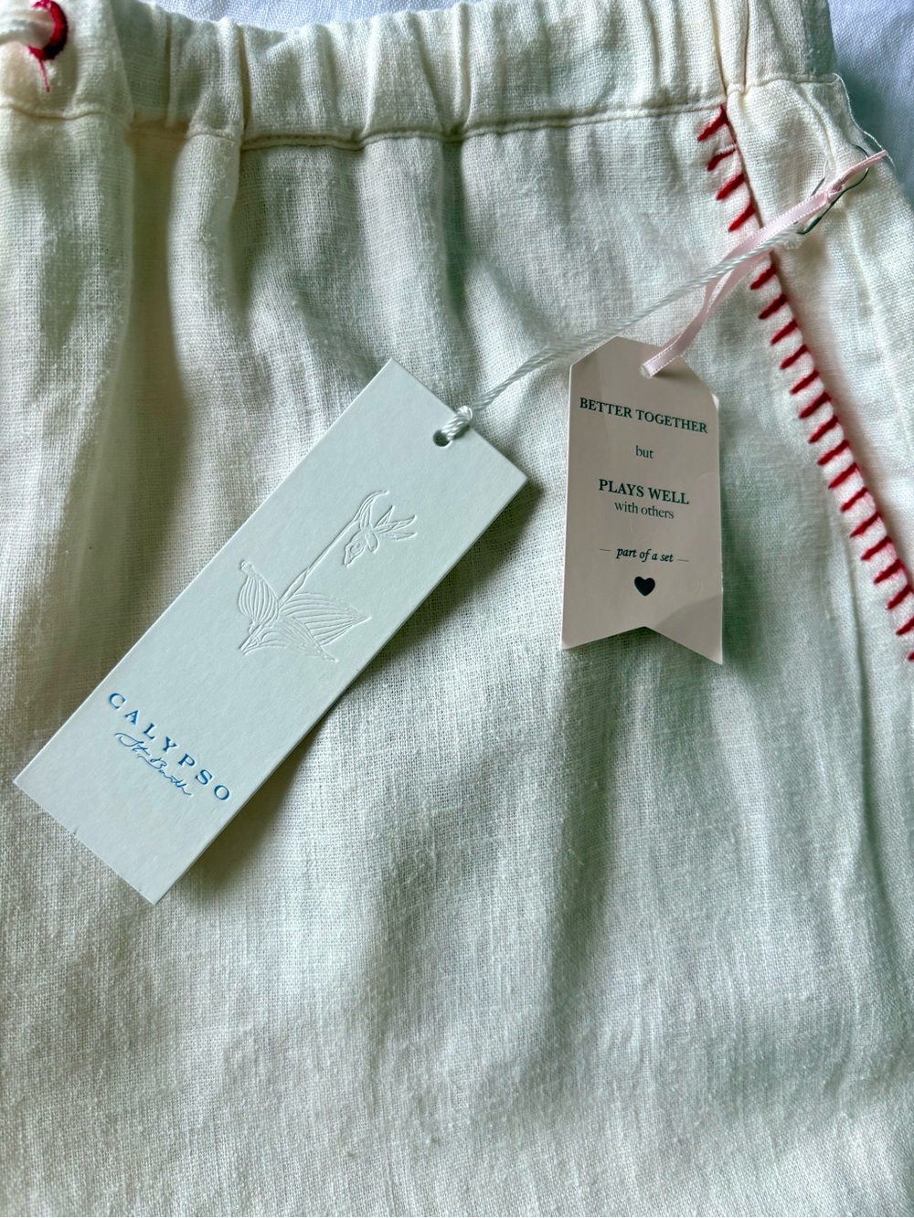 NWT Calypso St. Barth Linen Blend Wide Leg Pants White Red Whipstitch Size 8 - Picture 7 of 10